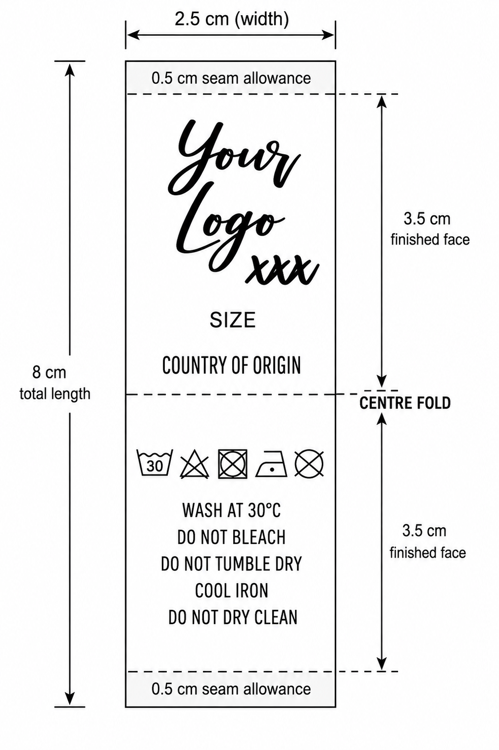 Custom Nylon Clothing Labels 25mm x 80mm – Durable Wash Care Tags